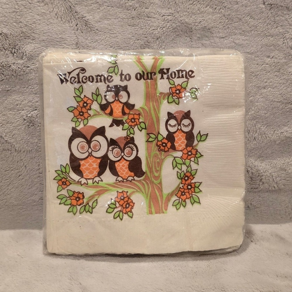 Vintage Graceline Owl Beverage Napkins 30 Count 2-Ply Welcome to our Home NEW